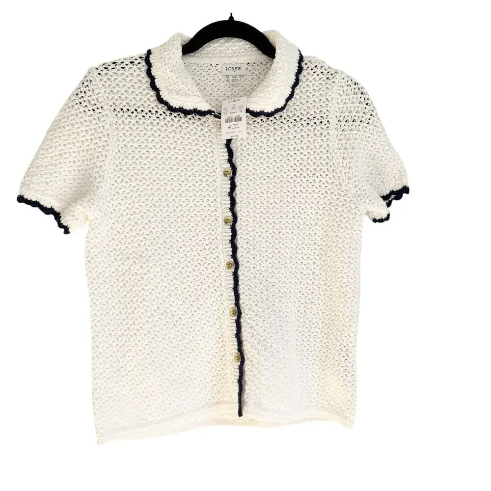 J. Crew Short-Sleeve Crochet Cardigan Sweater Ivory Ant Navy Crochet Size XS NWT